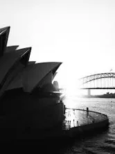 Sydney Opera House and Harbour Bridge in black and white