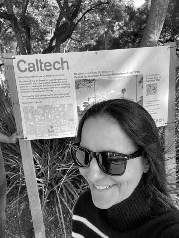 Carolina beside a Caltech campus sign